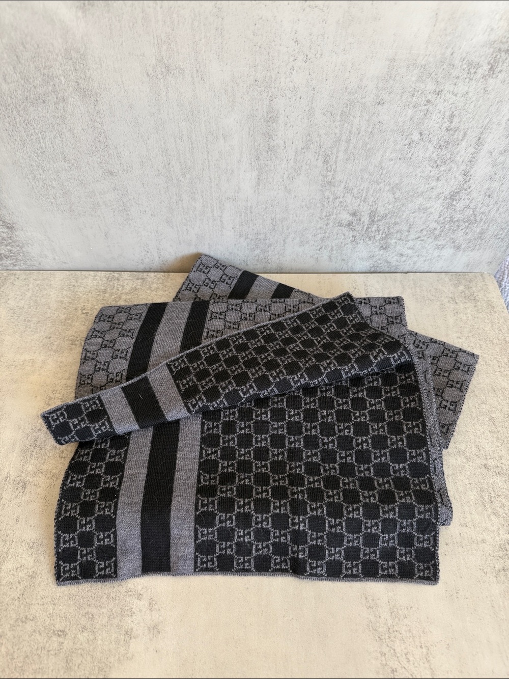 Gucci GG Monogram Wool Silk Scarf Gray Black Reversible